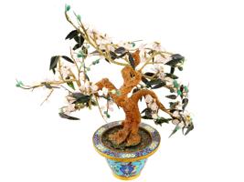 CHINESE CARVED BONSAI SAKURA TREE IN CLOISONNE POT