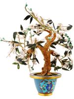 CHINESE CARVED BONSAI SAKURA TREE IN CLOISONNE POT