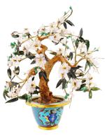 CHINESE CARVED BONSAI SAKURA TREE IN CLOISONNE POT