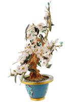 CHINESE CARVED BONSAI SAKURA TREE IN CLOISONNE POT