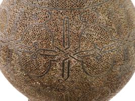 ANTIQUE ISLAMIC OPENWORK SILVER INLAID FOOTED LAMP