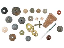 ANCIENT ROMAN GLASS SPINDLE WHORLS, THIMBLES AND MORE