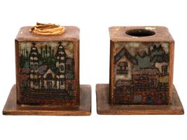 HAND PAINTED GLASS WOOD MATCH AND CANDLE HOLDERS SET