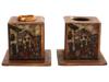 HAND PAINTED GLASS WOOD MATCH AND CANDLE HOLDERS SET PIC-9