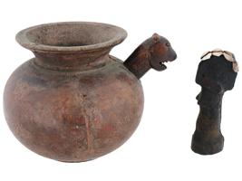 TWO ANCIENT HANDCRAFTED WOOD VASE AND FIGURINE