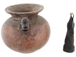 TWO ANCIENT HANDCRAFTED WOOD VASE AND FIGURINE