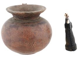 TWO ANCIENT HANDCRAFTED WOOD VASE AND FIGURINE