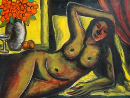 ATTR TO KH ARA INDIAN FEMALE NUDE OIL PAINTING