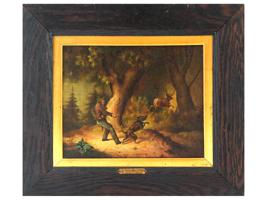 ANTIQUE BELGIAN VAN KUYCK OIL HUNTING SCENE PAINTING