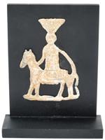 ANCIENT GOD ON HORSE PATINATED METAL PLAQUE STAND