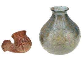 ANCIENT OTTOMAN ISLAMIC GLASS VASE AND TERRACOTTA PIPE