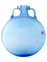 ANCIENT ISLAMIC CARVED GLASS FLASK WITH ORNAMENT