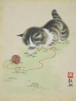 CHINESE CAT PORTRAIT WATERCOLOR PAINTING ON SILK