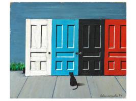 ATTR TO GERTRUDE ABERCROMBIE CATS DOORS OIL PAINTING