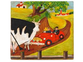 CANADIAN FOLK ART COW OIL PAINTING BY MAUD LEWIS