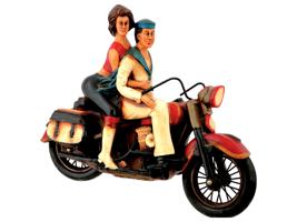 VINTAGE RESIN SCULPTURE MAN AND WOMAN ON A MOTORCYCLE