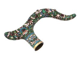 LARGE RUSSIAN GEMSTONE SILVER ENAMEL CANE HANDLE