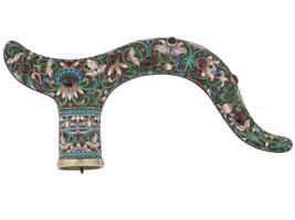 LARGE RUSSIAN GEMSTONE SILVER ENAMEL CANE HANDLE