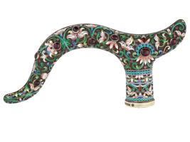 LARGE RUSSIAN GEMSTONE SILVER ENAMEL CANE HANDLE