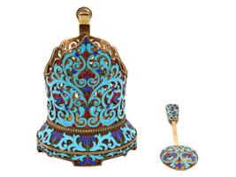 RUSSIAN SILVER ENAMEL TEA GLASS HOLDER WITH SPOON