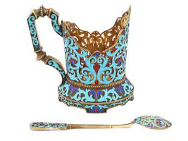 RUSSIAN SILVER ENAMEL TEA GLASS HOLDER WITH SPOON