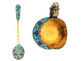 RUSSIAN SILVER ENAMEL TEA GLASS HOLDER WITH SPOON