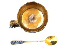 RUSSIAN SILVER ENAMEL TEA GLASS HOLDER WITH SPOON