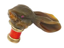 RUSSIAN SILVER ENAMEL AGATE RUBY RABBIT CANE HANDLE