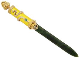 RUSSIAN GILT SILVER GUILLOCHE W EMERALD LETTER OPENER