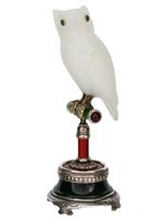 RUSSIAN SILVER GUILLOCHE ENAMEL WHITE JADE OWL FIGURE