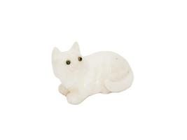 RUSSIAN CARVED WHITE JADE EMERALD EYES CAT FIGURINE