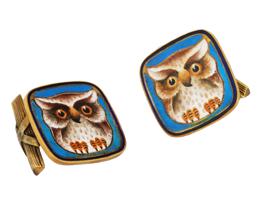 RUSSIAN SILVER GILT PAINTED ENAMEL OWL CUFFLINKS