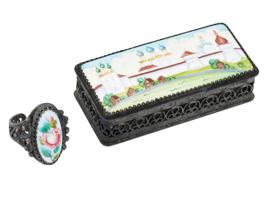 RUSSIAN HAND PAINTED ENAMEL FILIGREE PILLBOX AND RING