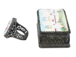 RUSSIAN HAND PAINTED ENAMEL FILIGREE PILLBOX AND RING