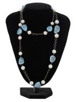 STERLING SILVER CHAIN AQUAMARINE AND PEARL NECKLACE