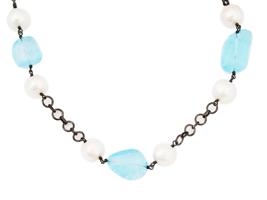 STERLING SILVER CHAIN AQUAMARINE AND PEARL NECKLACE