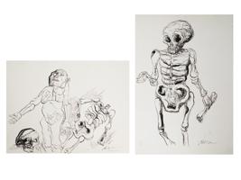 HEICA 2 VINTAGE INK ON PAPER SKELETON PAINTINGS