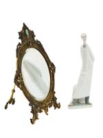 BRASS ROCOCO MIRROR SPANISH LLADRO PORCELAIN FIGURINE