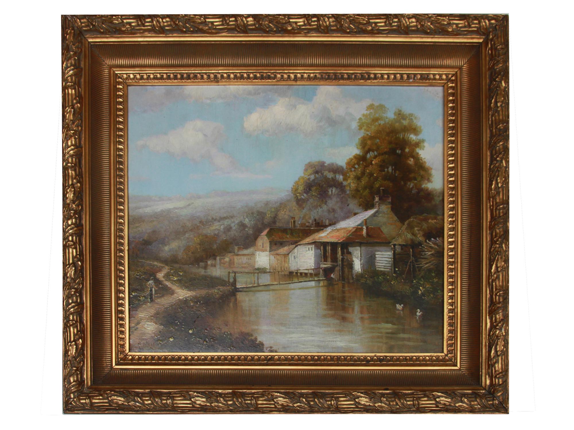 ANTIQUE ENGLISH OIL LANDSCAPE PAINTING ON CANVAS PIC-0