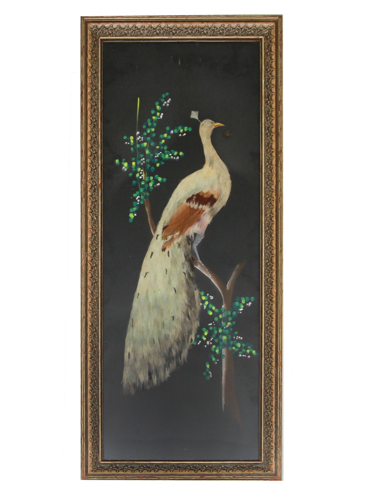 VINTAGE MIXED MEDIA PEACOCK PAINTING REAL FEATHER PIC-0