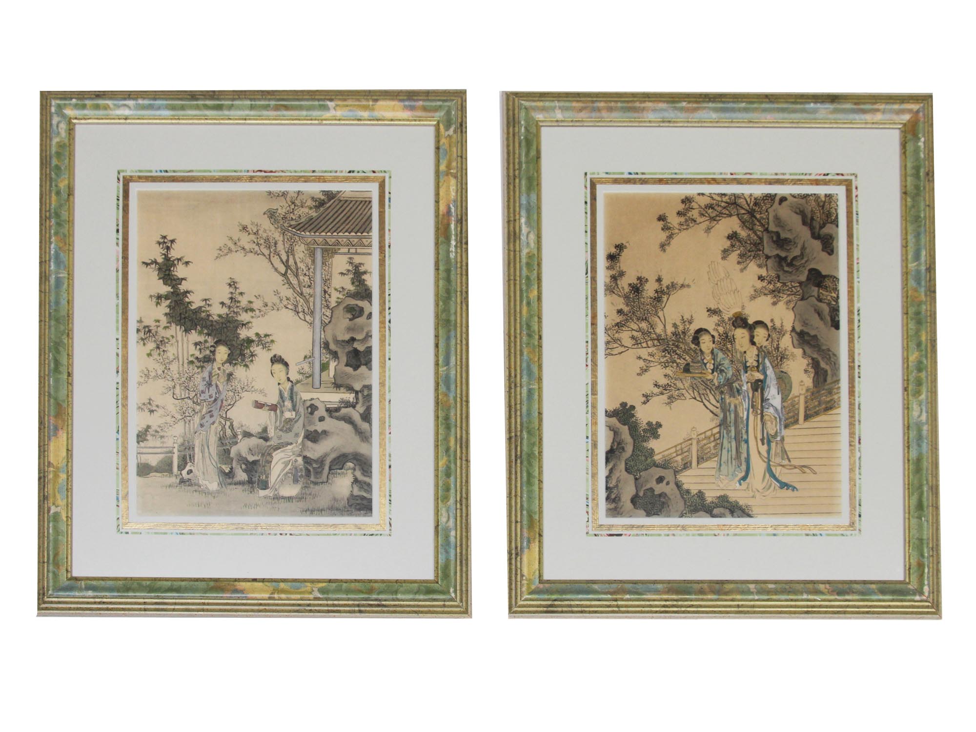 PAIR OF ANTIQUE CHINESE LITHOGRAPHS GEISHA FRAMED PIC-0