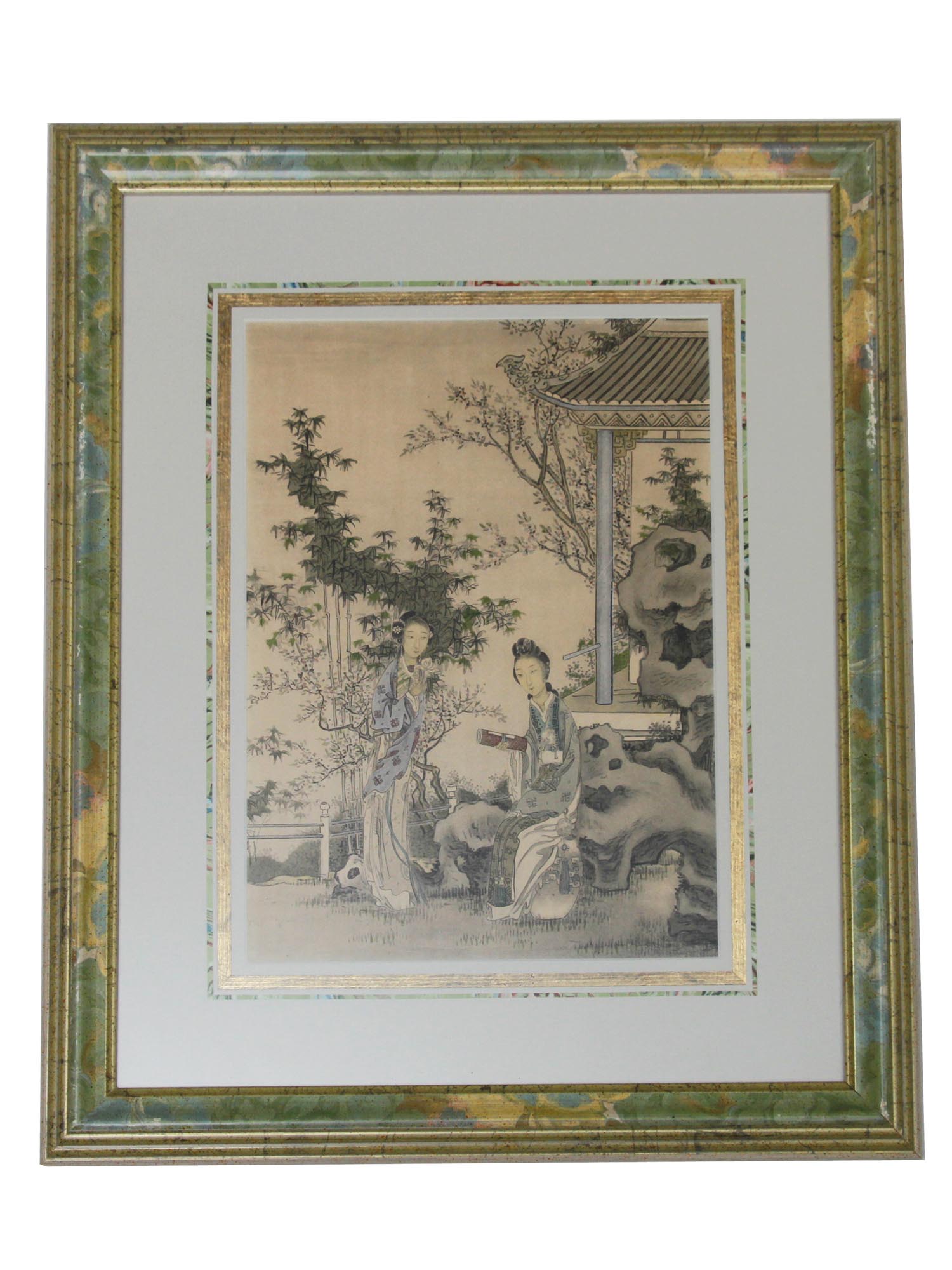 PAIR OF ANTIQUE CHINESE LITHOGRAPHS GEISHA FRAMED PIC-1