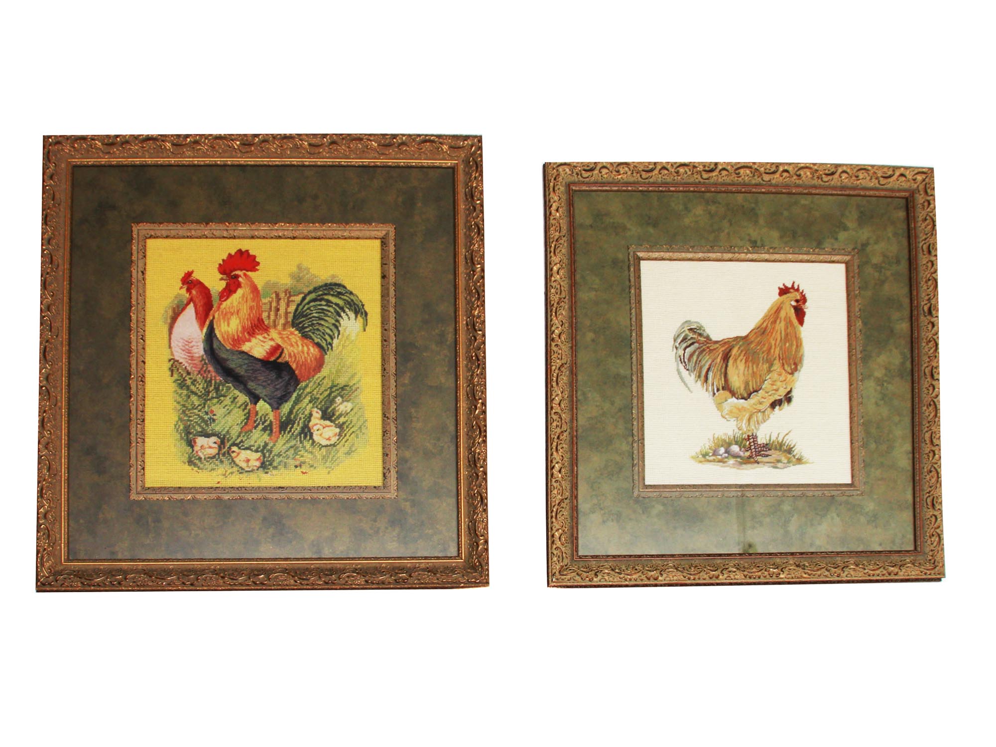 PAIR OF RUSSIAN EMBROIDERIES OF ROOSTERS FRAMED PIC-0