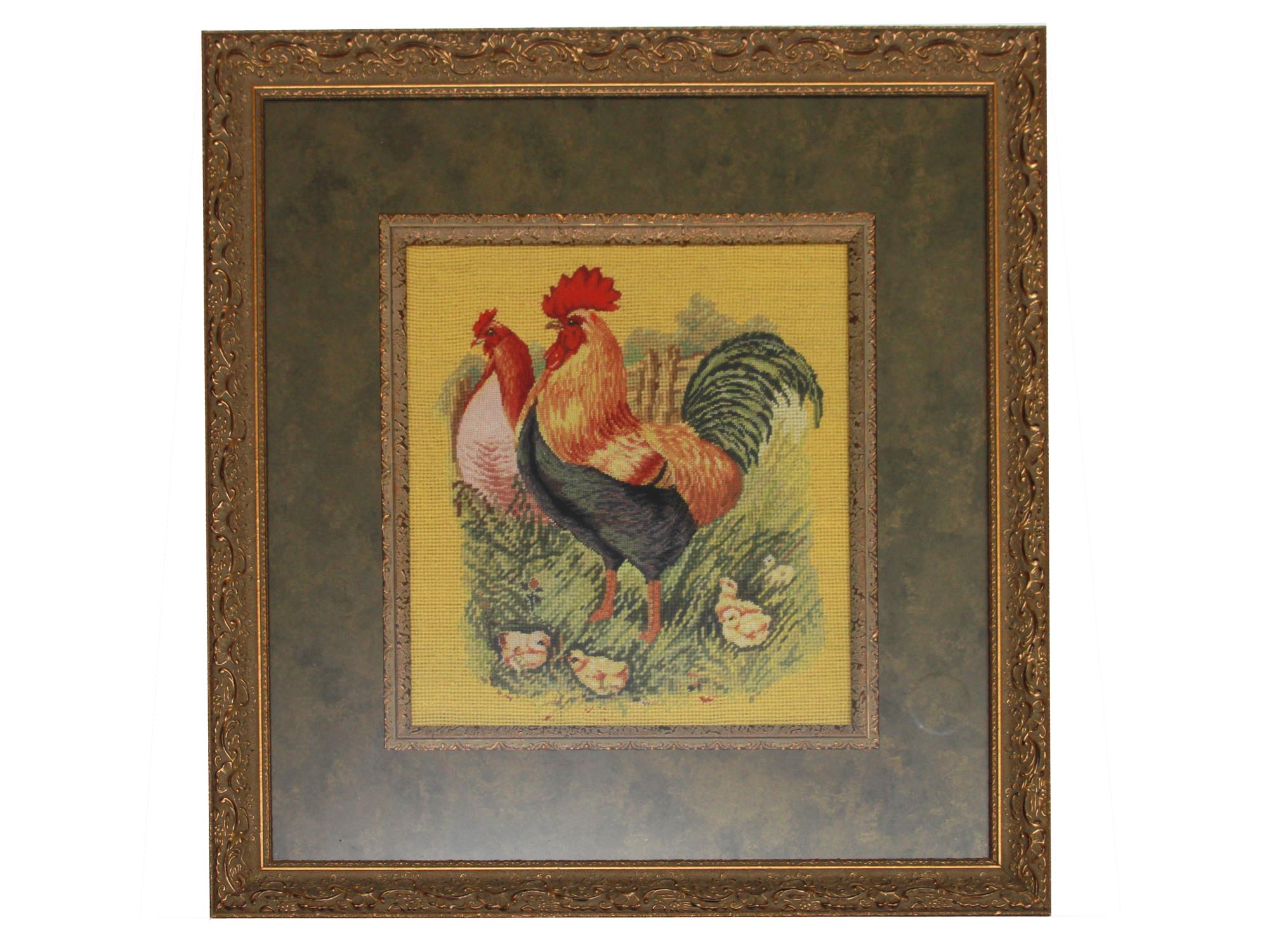 PAIR OF RUSSIAN EMBROIDERIES OF ROOSTERS FRAMED PIC-2