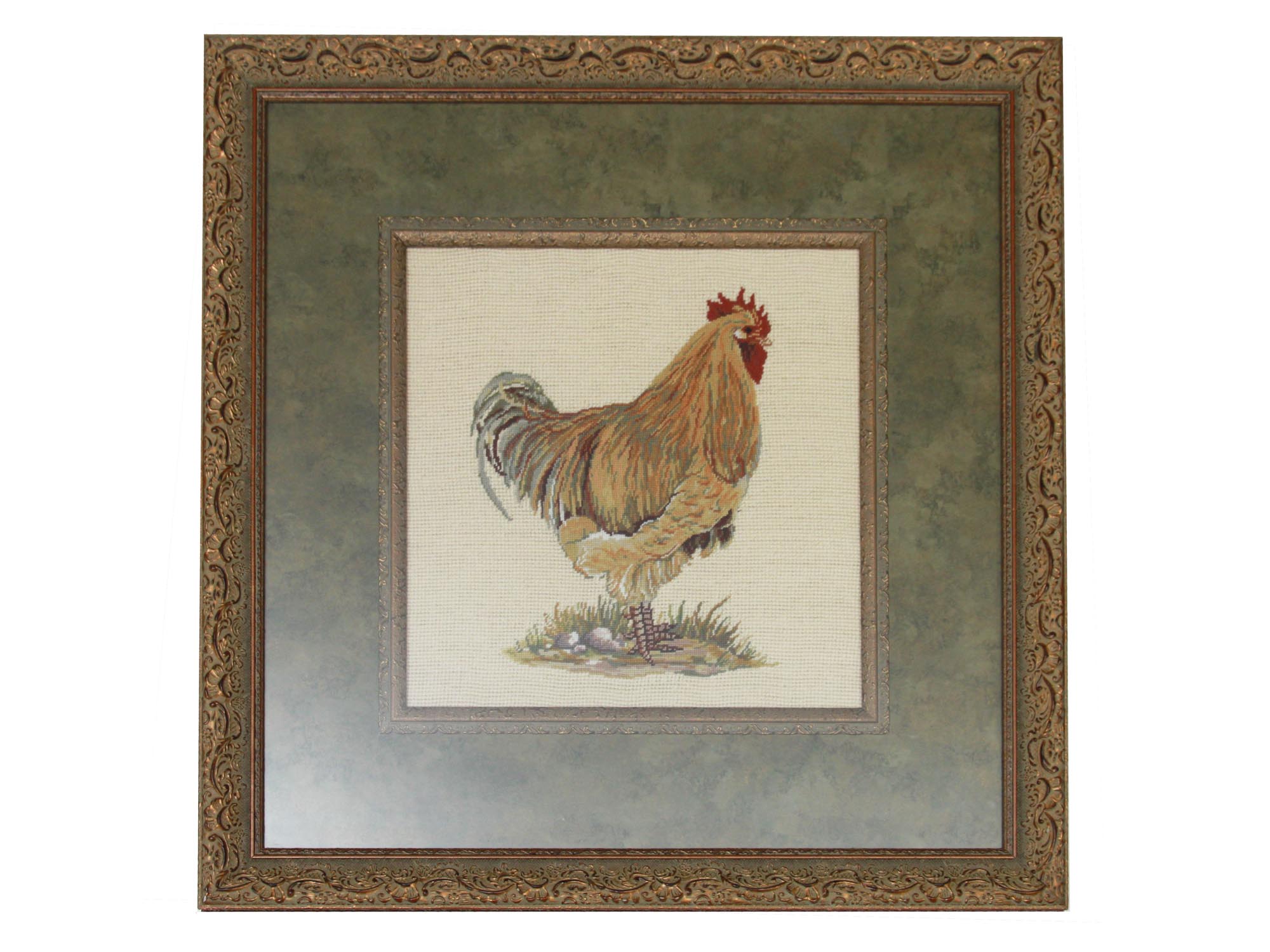 PAIR OF RUSSIAN EMBROIDERIES OF ROOSTERS FRAMED PIC-3