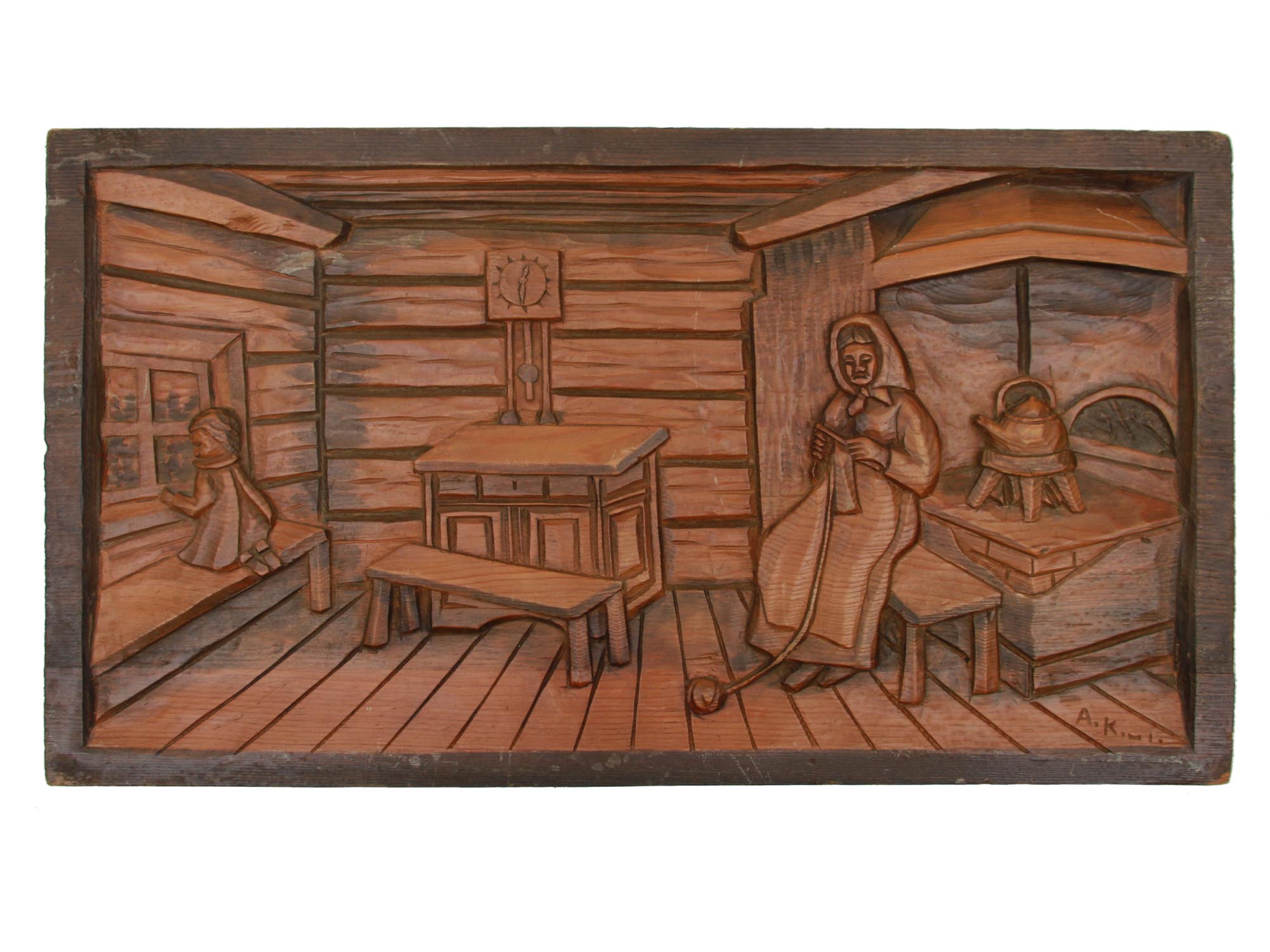 A RUSSIAN HAND CARVED WOODEN PLAQUE SIGNED PIC-0