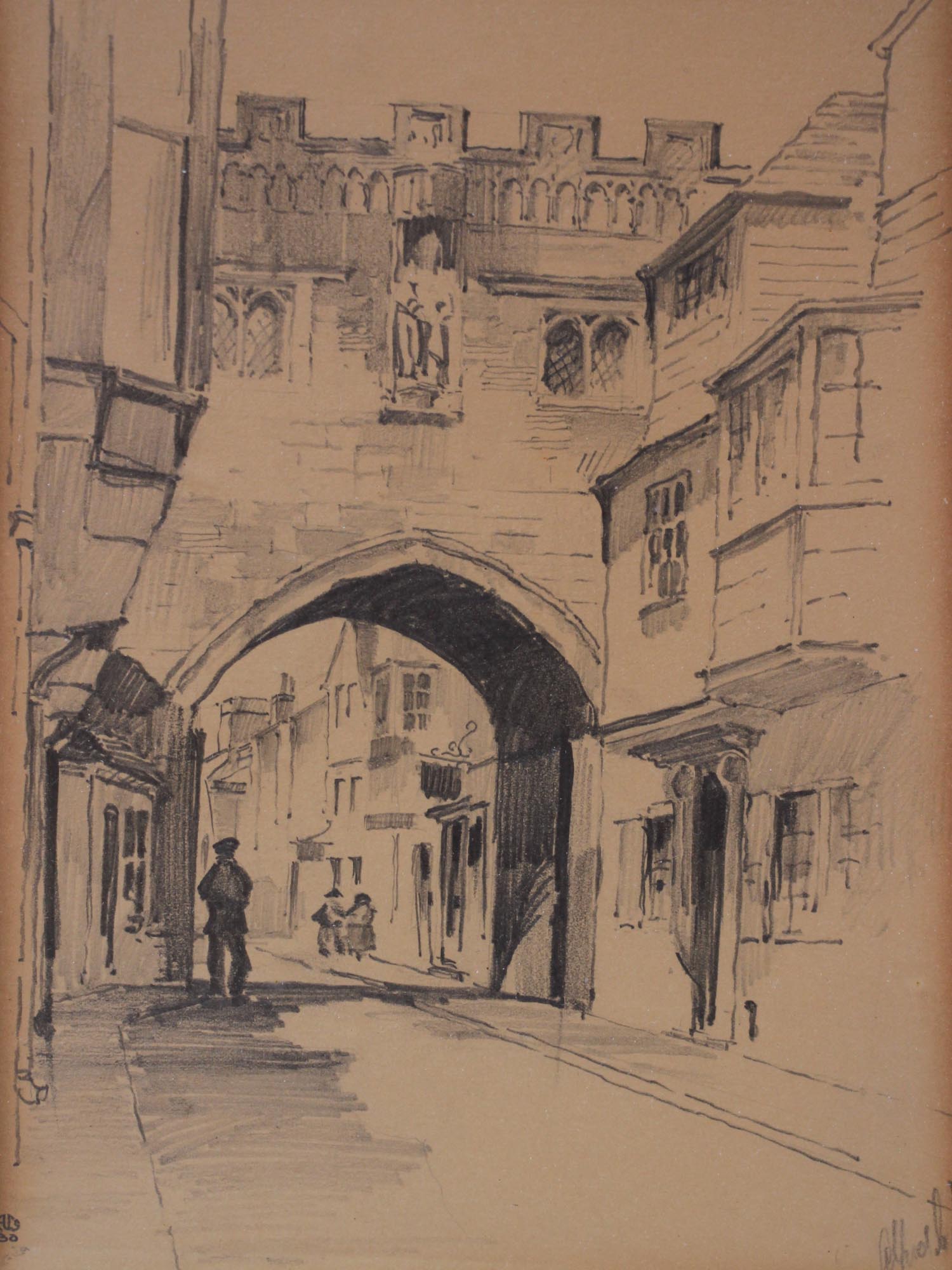 SALISBURY HIGH STREET GATE 1930S PENCIL DRAWING PIC-3