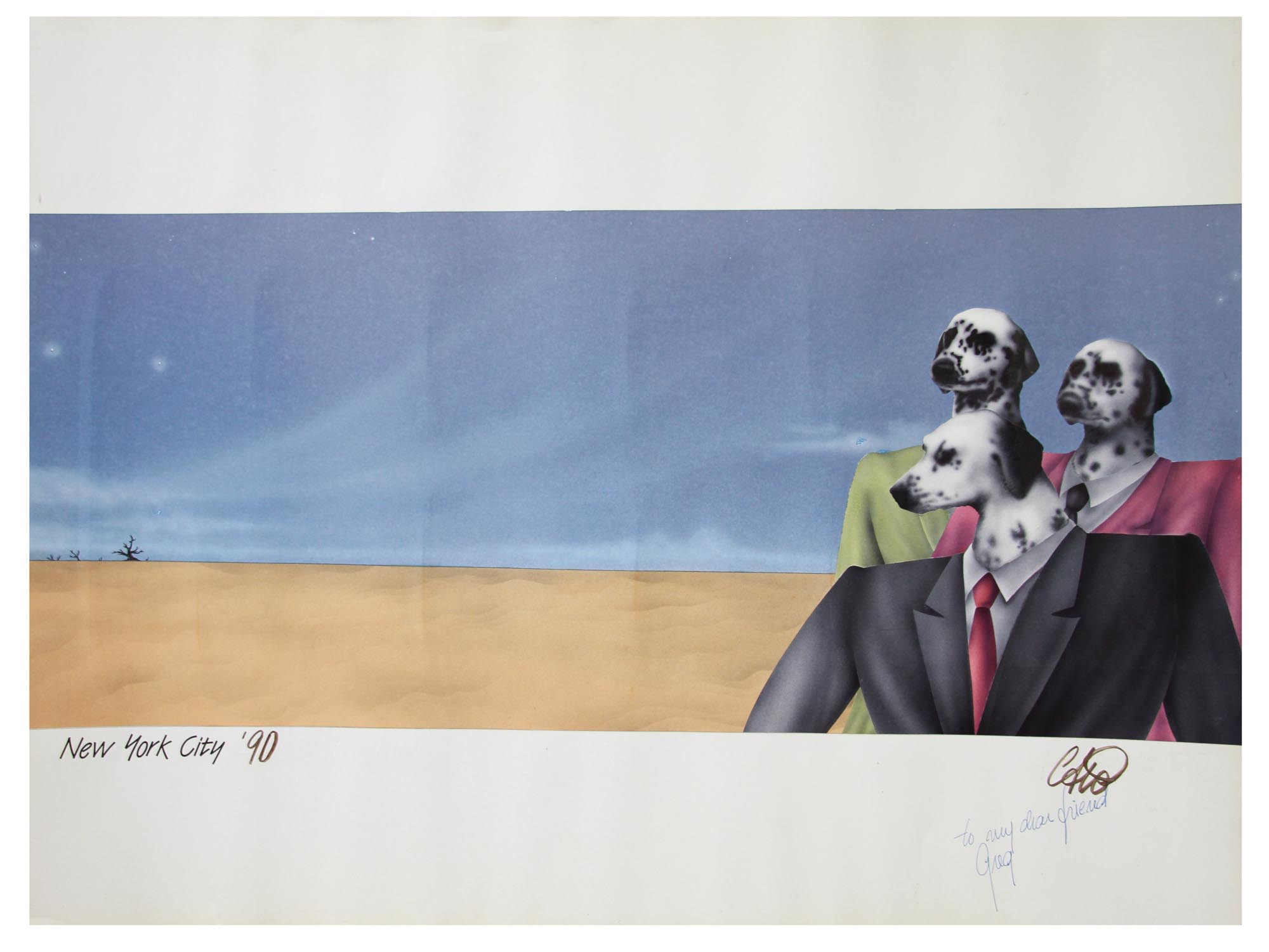 MIXED MEDIA AMERICAN ARTWORK DOGS IN SUITS SIGNED PIC-0