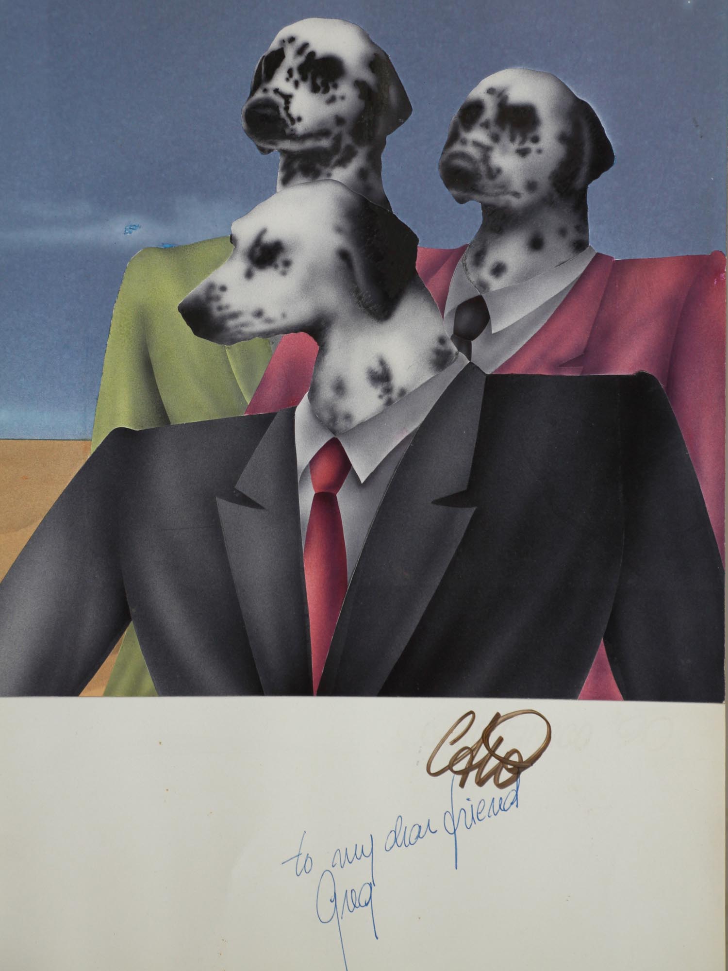 MIXED MEDIA AMERICAN ARTWORK DOGS IN SUITS SIGNED PIC-2