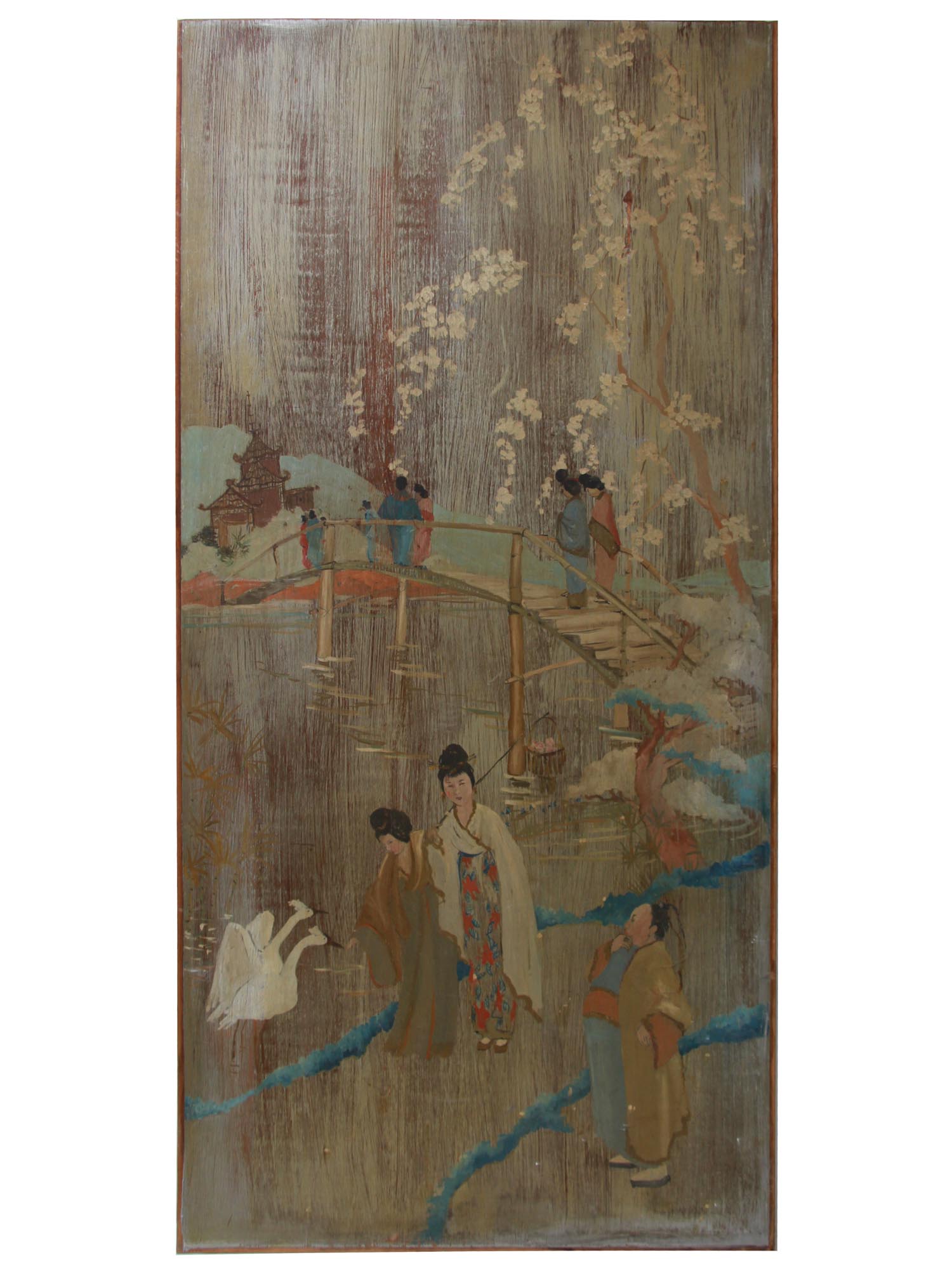 A LARGE VINTAGE CHINESE PAINTING ON A WOOD BOARD